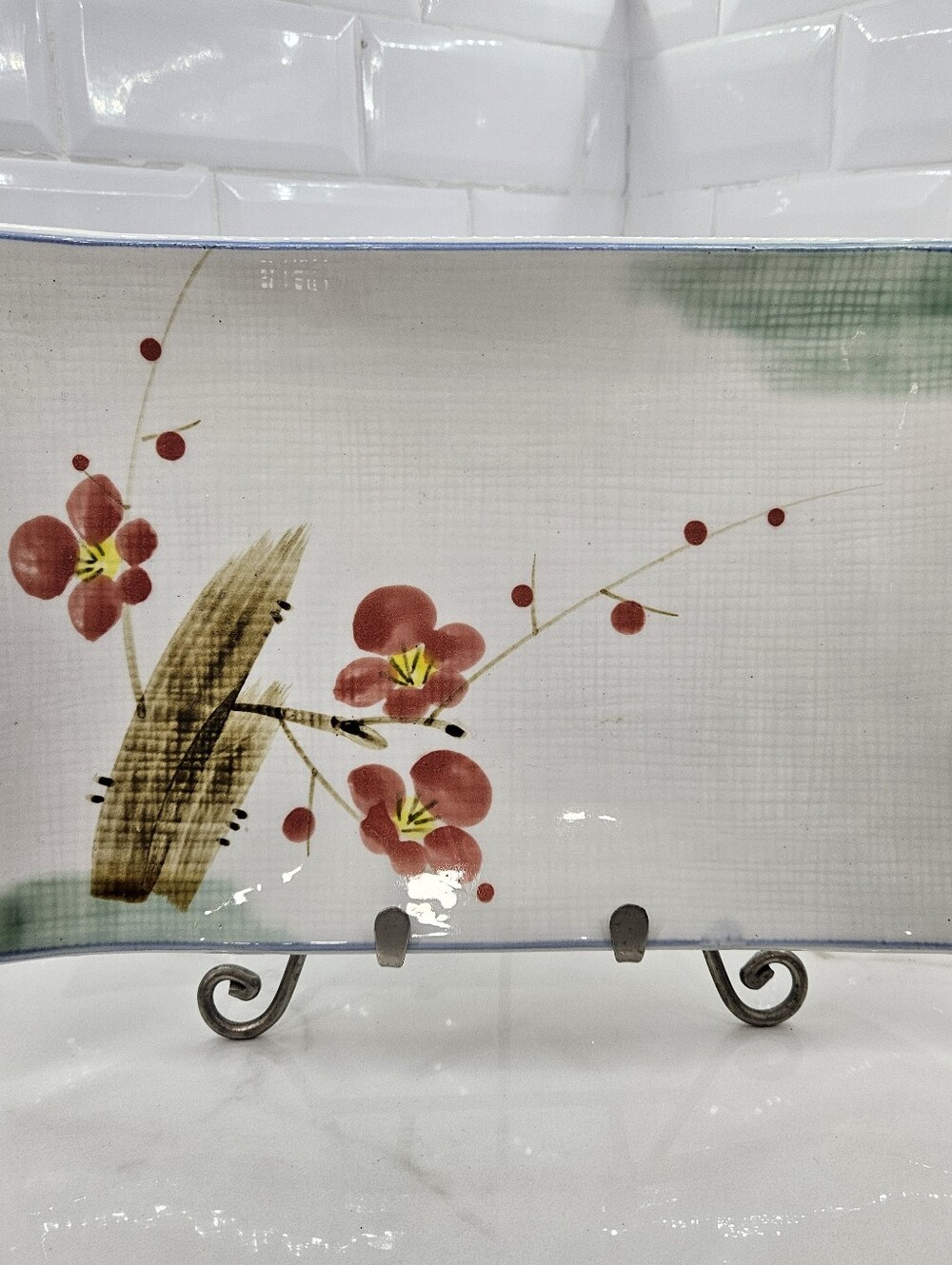 Japanese Cherry Blossom Watercolor Sushi Tray Plate Porcelain Textured Large